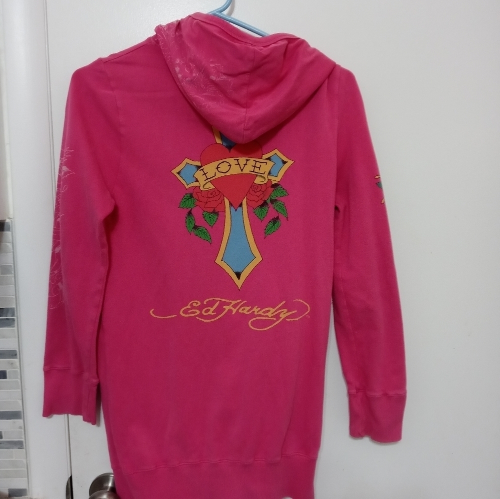 VTG Don Ed Hardy Hollywood full zip Pink Classic Tattoo logo "love Free" Hoodie